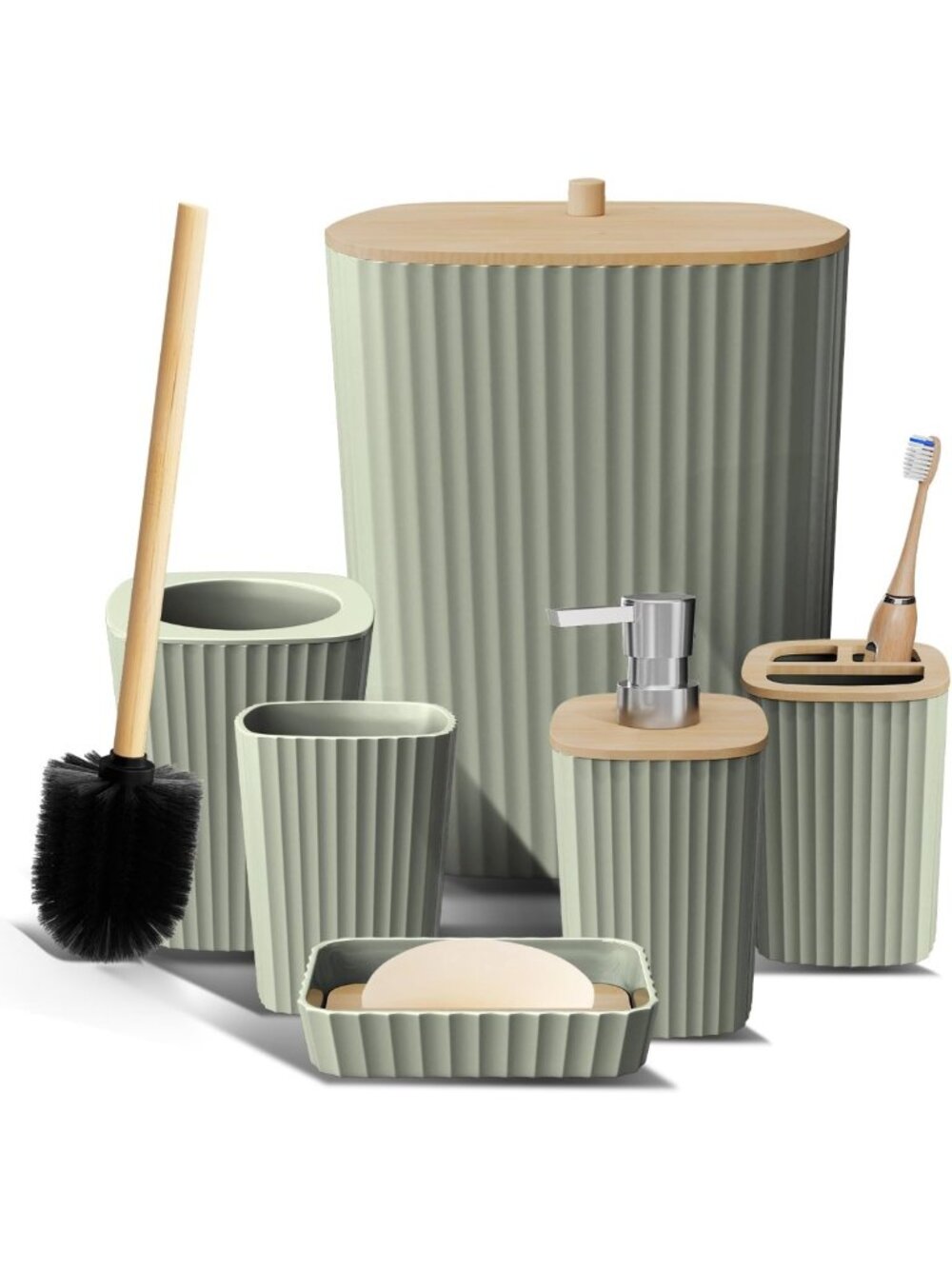 Sage Green 6PC Bathroom Accessories Set - Toilet Brush, Trash Can & Soap